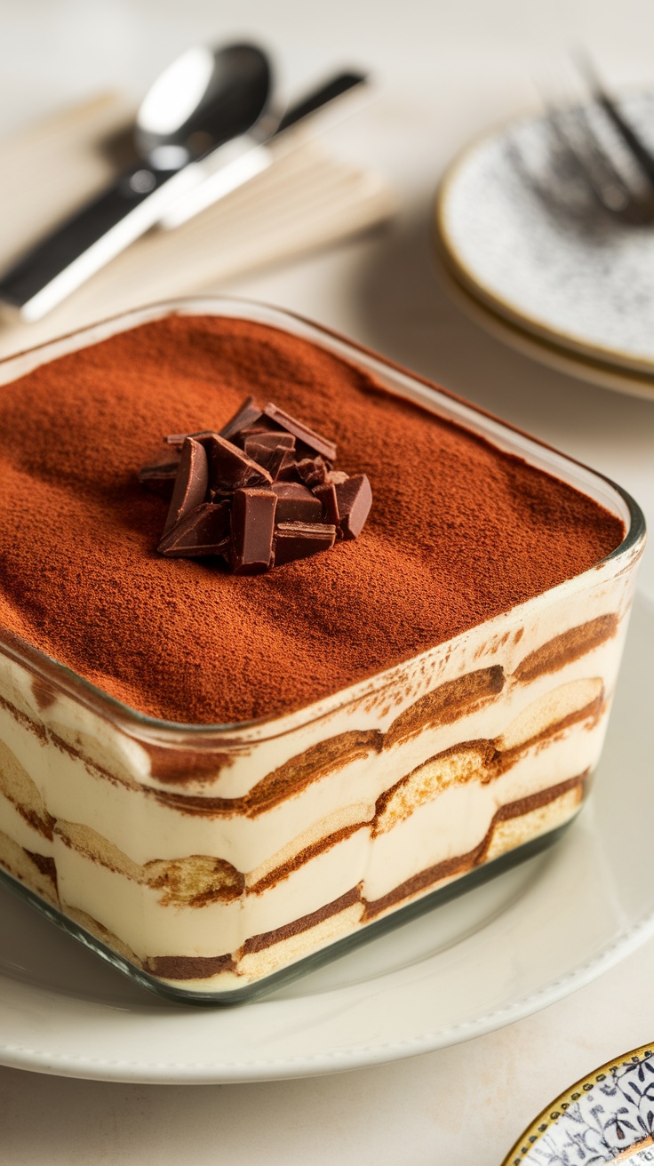 Layered tiramisu dessert with cocoa powder and chocolate shavings in a glass dish.